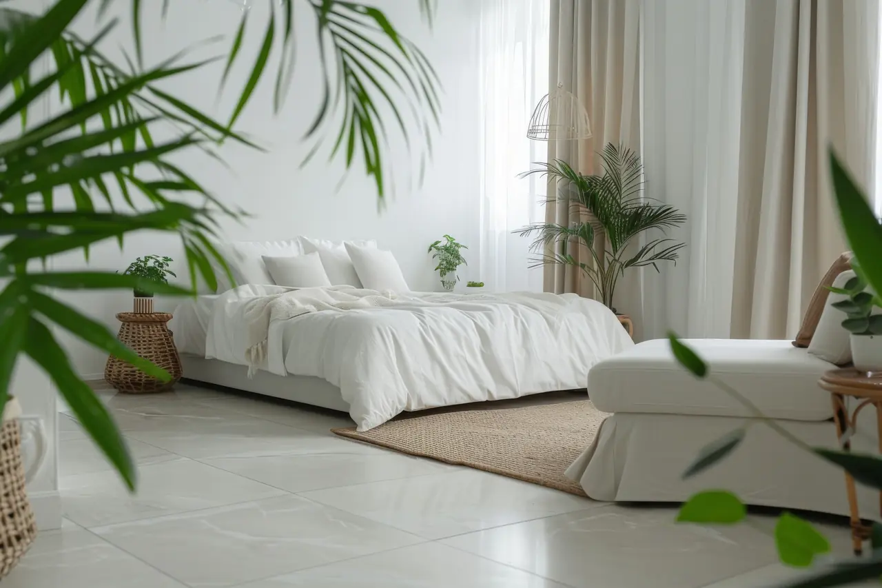 White bedroom with plants and morning light