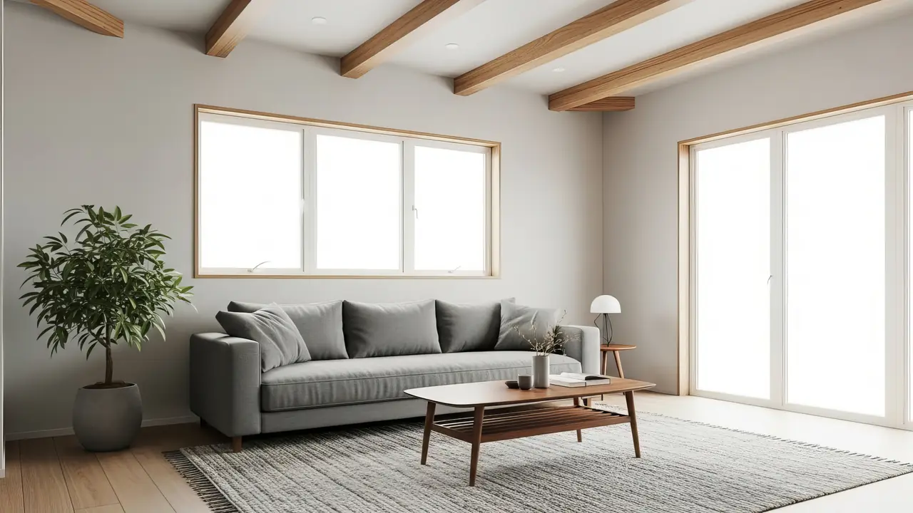 Living room with timber ceiling beams and a long window