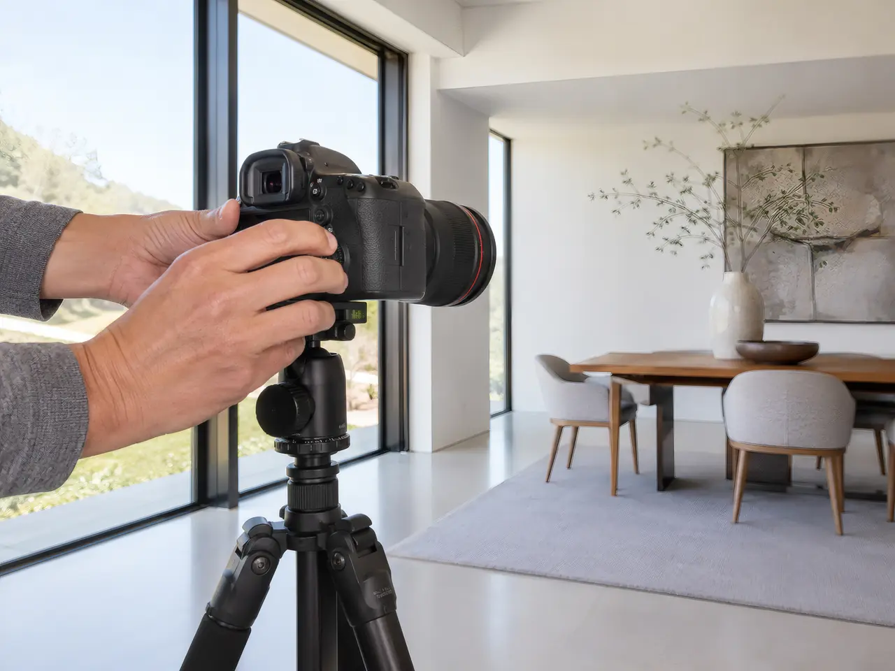 Camera on a tripod photographing a dining room
