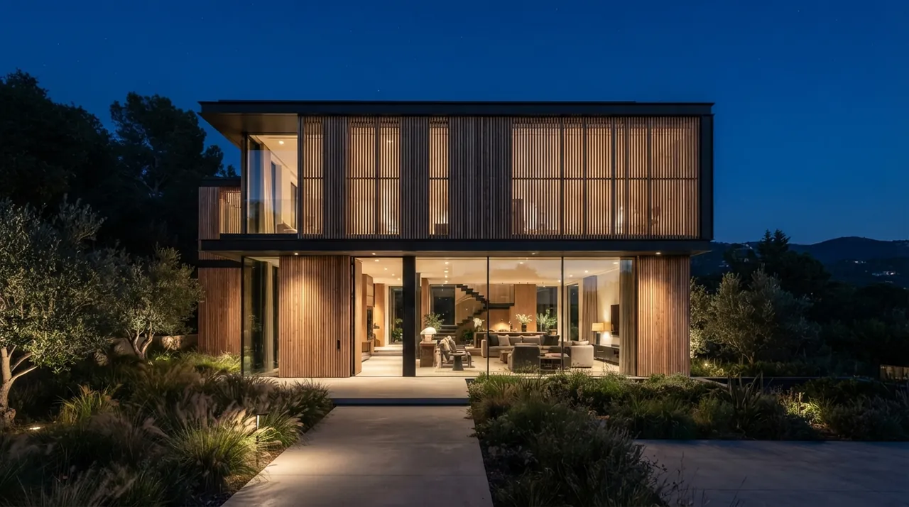 Timber and glass home lit at dusk among native garden
