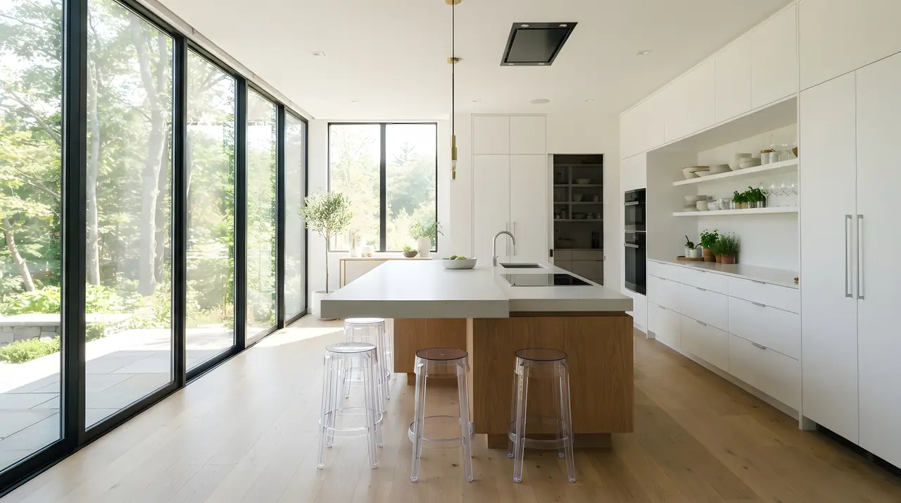 Bright kitchen with a timber island and floor-to-ceiling glass