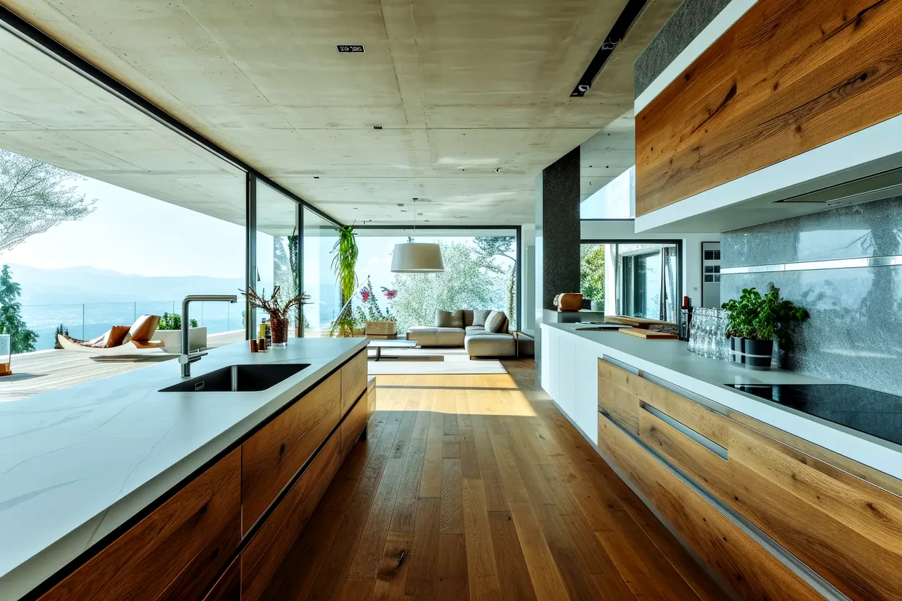Kitchen opening to a sea view
