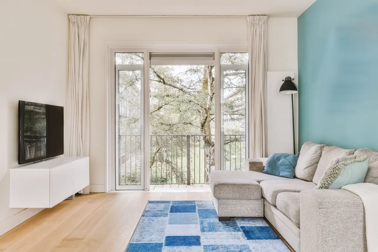 Living room with a balcony door and a patterned rug