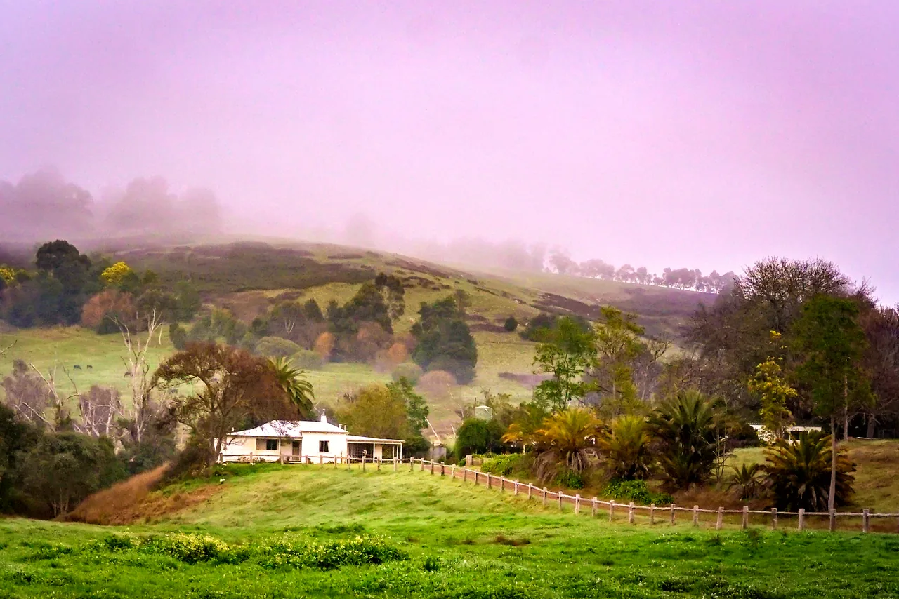 Farmhouse on a misty green hillside